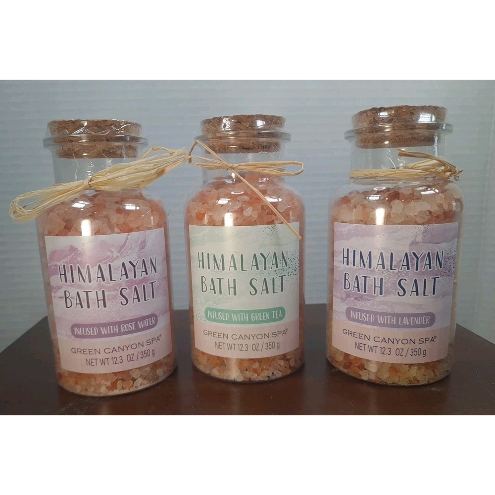 Set Of 3 Himalayan Bath Salt Infused With Lavender, Rose Water, Green Tea 12oz